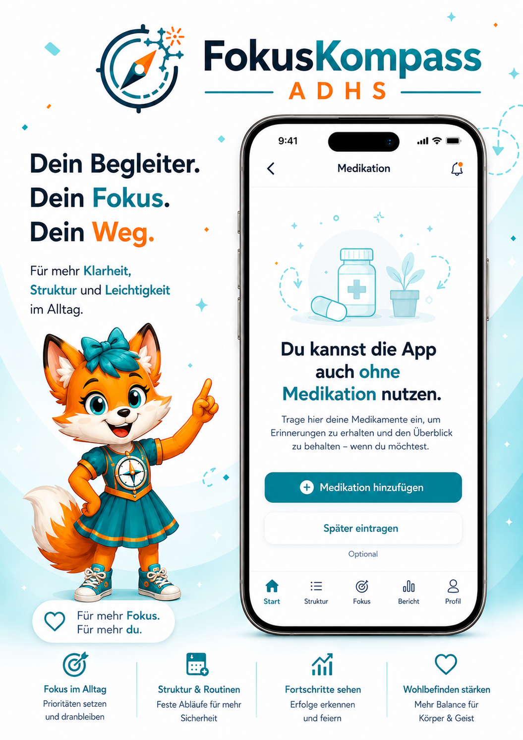 Hinweis, dass die App auch ohne Medikation nutzbar ist