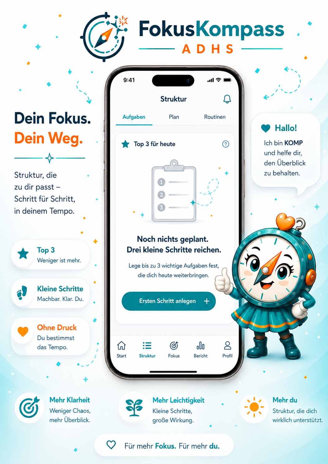 Strukturansicht der FokusKompass ADHS App mit Top-3-Prioritäten, Routine, Terminen und Pausen