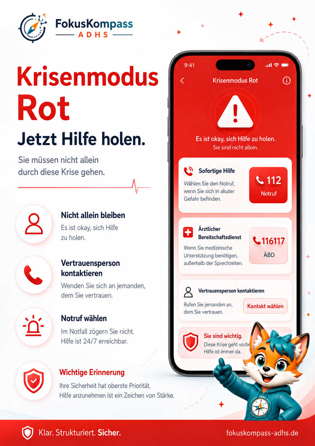Roter Krisenmodus mit Soforthilfe, Notruf, Bereitschaftsdienst und Vertrauensperson