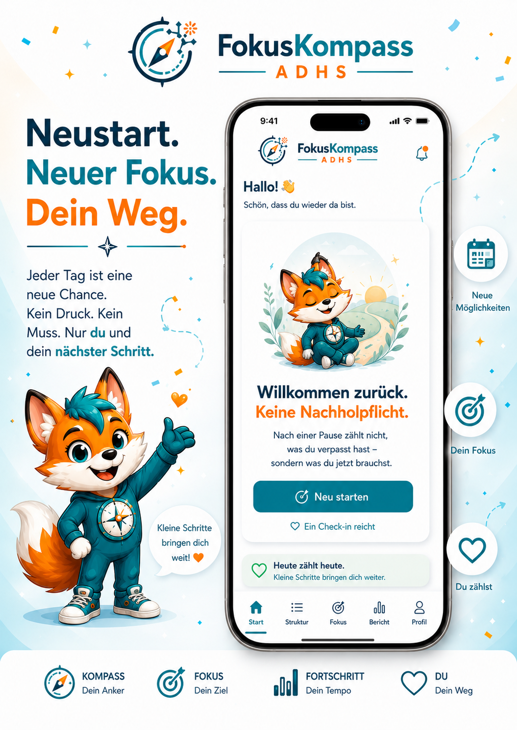 Neustart-Ansicht nach einer Pause mit Willkommenshinweis und Neu-starten-Button