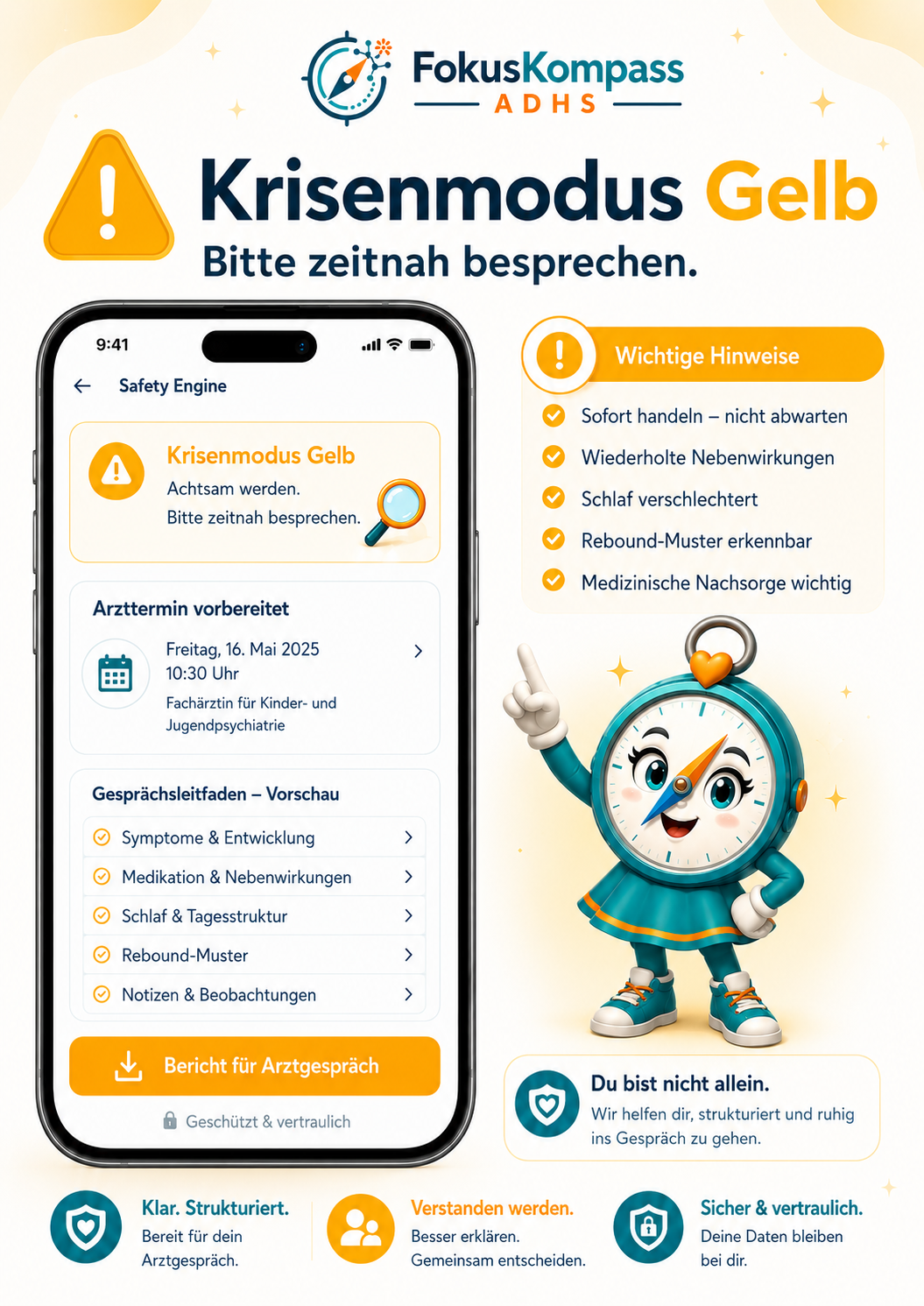 Krisenmodus mit Gefühlsauswahl, Atemübung, Vertrauensperson und Notfallkontakten